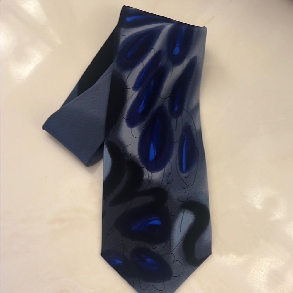 Hand painted Abstract Blue and Black silk Tie